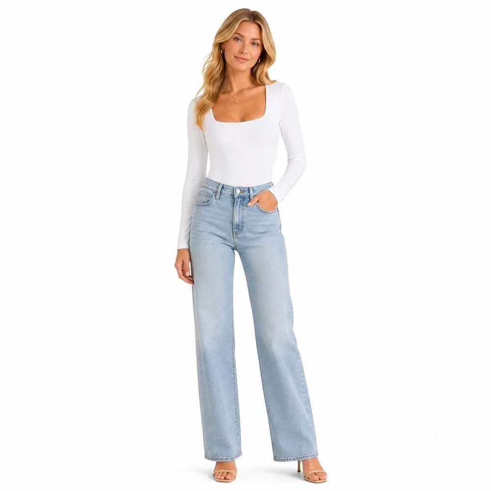 Free People Truth Or Square Womens S White Bodysuit Long Sleeve Stretch Top‎